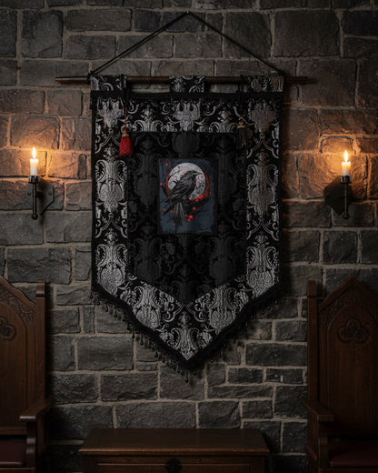 LARGE MEDIEVAL TAPESTRY WALL HANGING - THE RAVEN - SILVER/BLACK Shrine of Hollywood art gothic gothic home decor medieval pirate home decor Wall Art