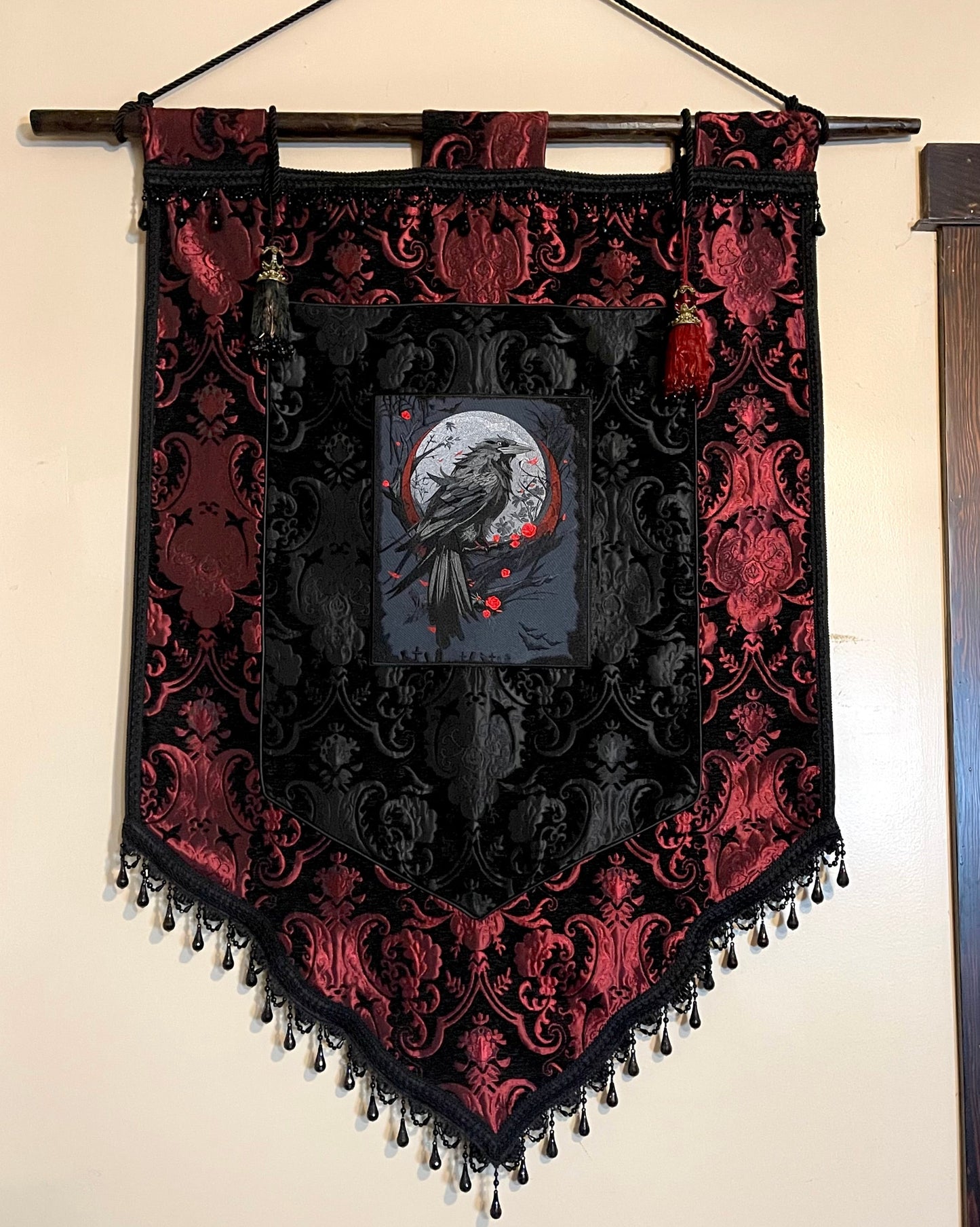 LARGE MEDIEVAL TAPESTRY WALL HANGNG - THE RAVEN - RED/BLACK Shrine of Hollywood art bedding gothic medieval home decor pirate home decor Wall Art