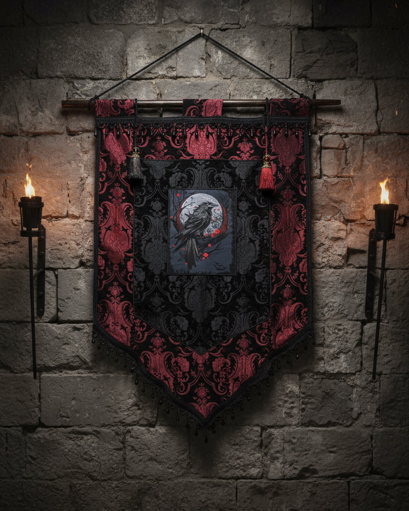 LARGE MEDIEVAL TAPESTRY WALL HANGNG - THE RAVEN - RED/BLACK Shrine of Hollywood art bedding gothic medieval home decor pirate home decor Wall Art