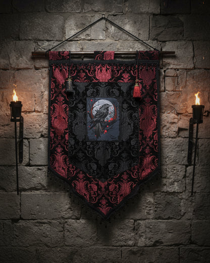 LARGE MEDIEVAL TAPESTRY WALL HANGNG - THE RAVEN - RED/BLACK Shrine of Hollywood art bedding gothic medieval home decor pirate home decor Wall Art