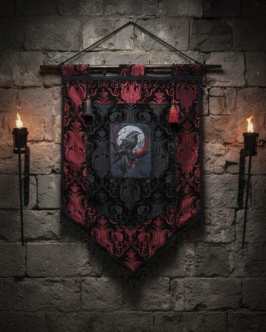 LARGE MEDIEVAL TAPESTRY WALL HANGNG - THE RAVEN - RED/BLACK Shrine of Hollywood art bedding gothic medieval home decor pirate home decor Wall Art