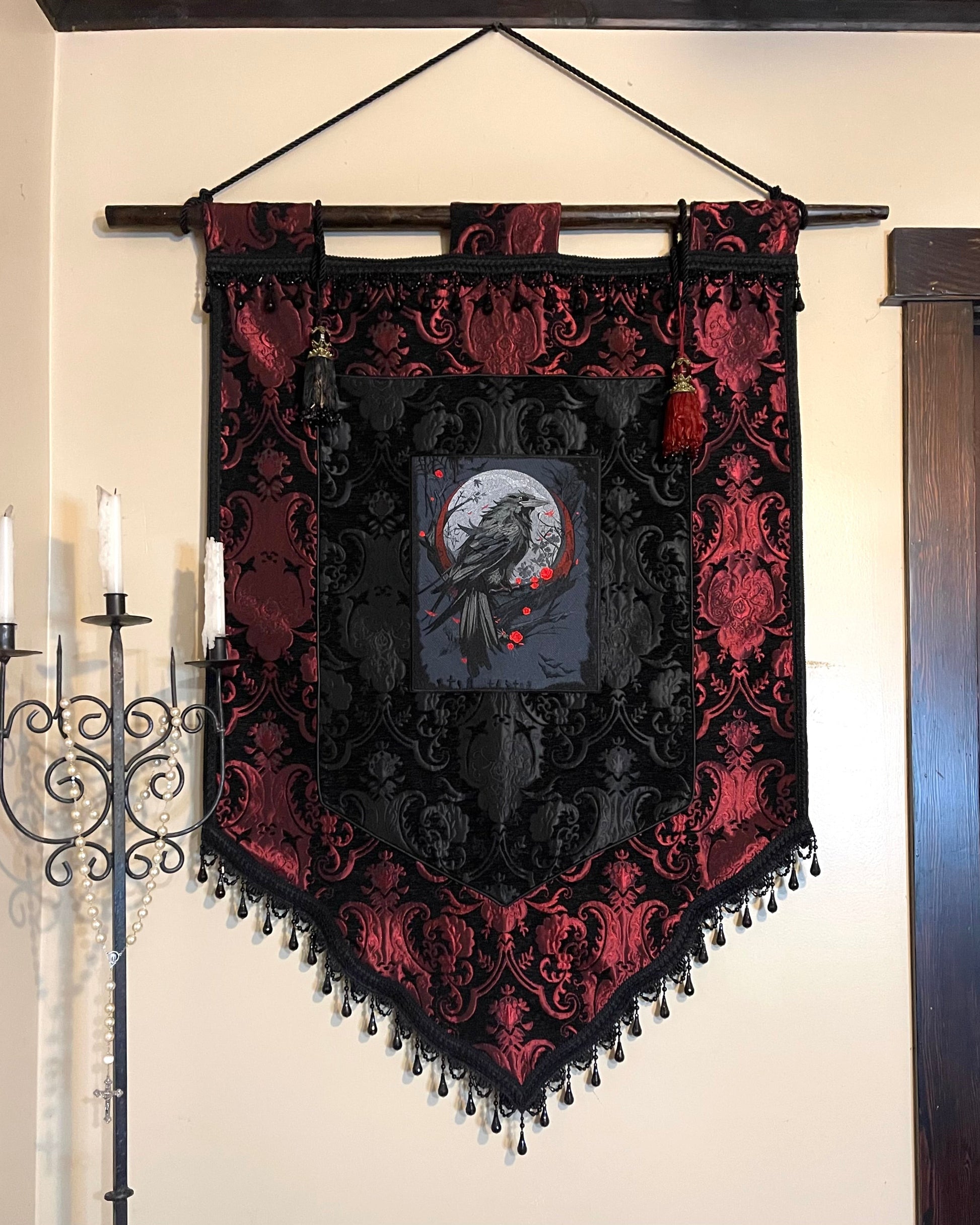 LARGE MEDIEVAL TAPESTRY WALL HANGNG - THE RAVEN - RED/BLACK Shrine of Hollywood art bedding gothic medieval home decor pirate home decor Wall Art