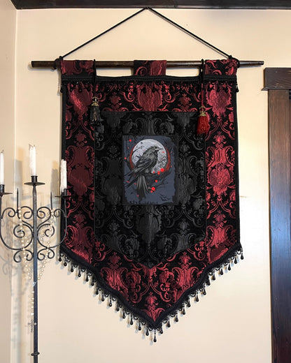 LARGE MEDIEVAL TAPESTRY WALL HANGNG - THE RAVEN - RED/BLACK Shrine of Hollywood art bedding gothic medieval home decor pirate home decor Wall Art