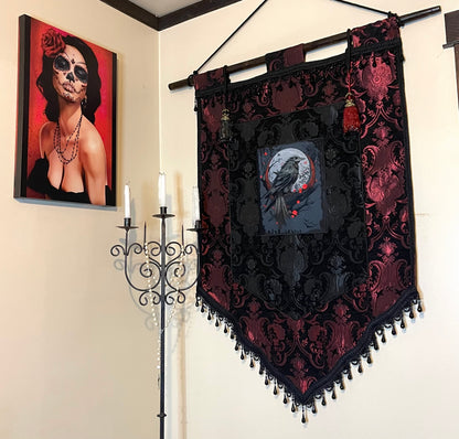 LARGE MEDIEVAL TAPESTRY WALL HANGNG - THE RAVEN - RED/BLACK Shrine of Hollywood art bedding gothic medieval home decor pirate home decor Wall Art