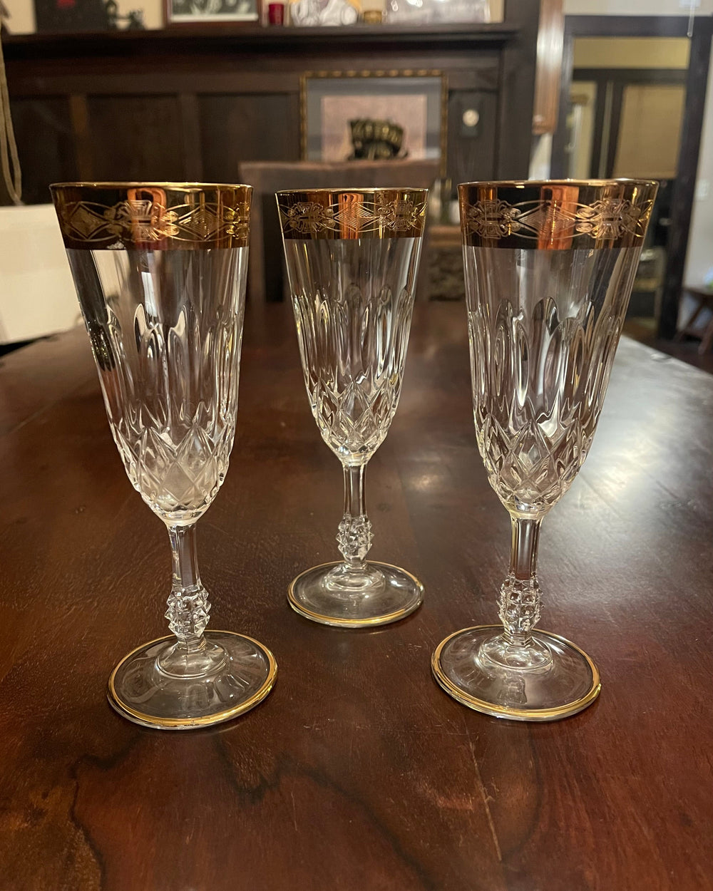 GOLD RIMMED CRYSTAL CHAMPAGNE GLASSES x 3