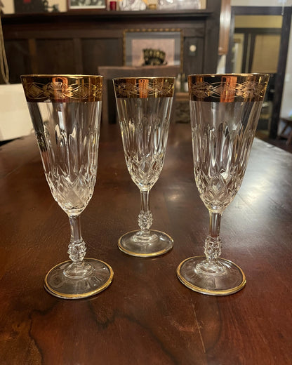 GOLD RIMMED CRYSTAL CHAMPAGNE GLASSES x 3 Shrine of Hollywood champagne flute Goblets and Glassware