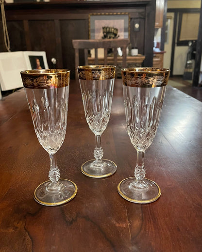 GOLD RIMMED CRYSTAL CHAMPAGNE GLASSES x 3 Shrine of Hollywood champagne flute Goblets and Glassware