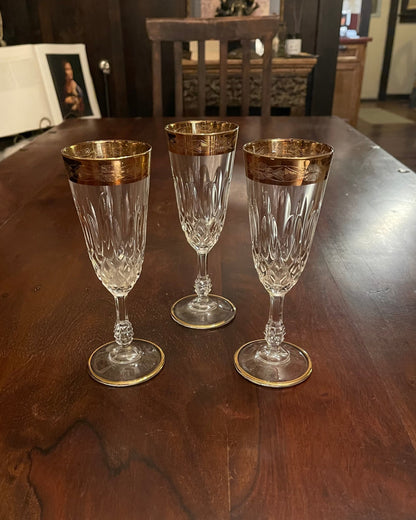 GOLD RIMMED CRYSTAL CHAMPAGNE GLASSES x 3 Shrine of Hollywood champagne flute Goblets and Glassware
