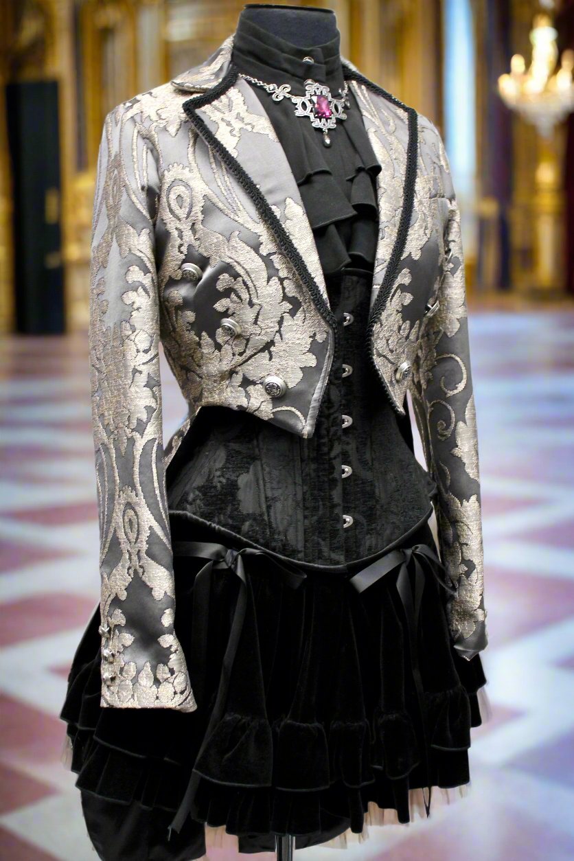 Shrine of Hollywood HARLEQUIN TAILCOAT - SATIN BROCADE - CHARCOAL GREY Women's Coats Women's Jackets