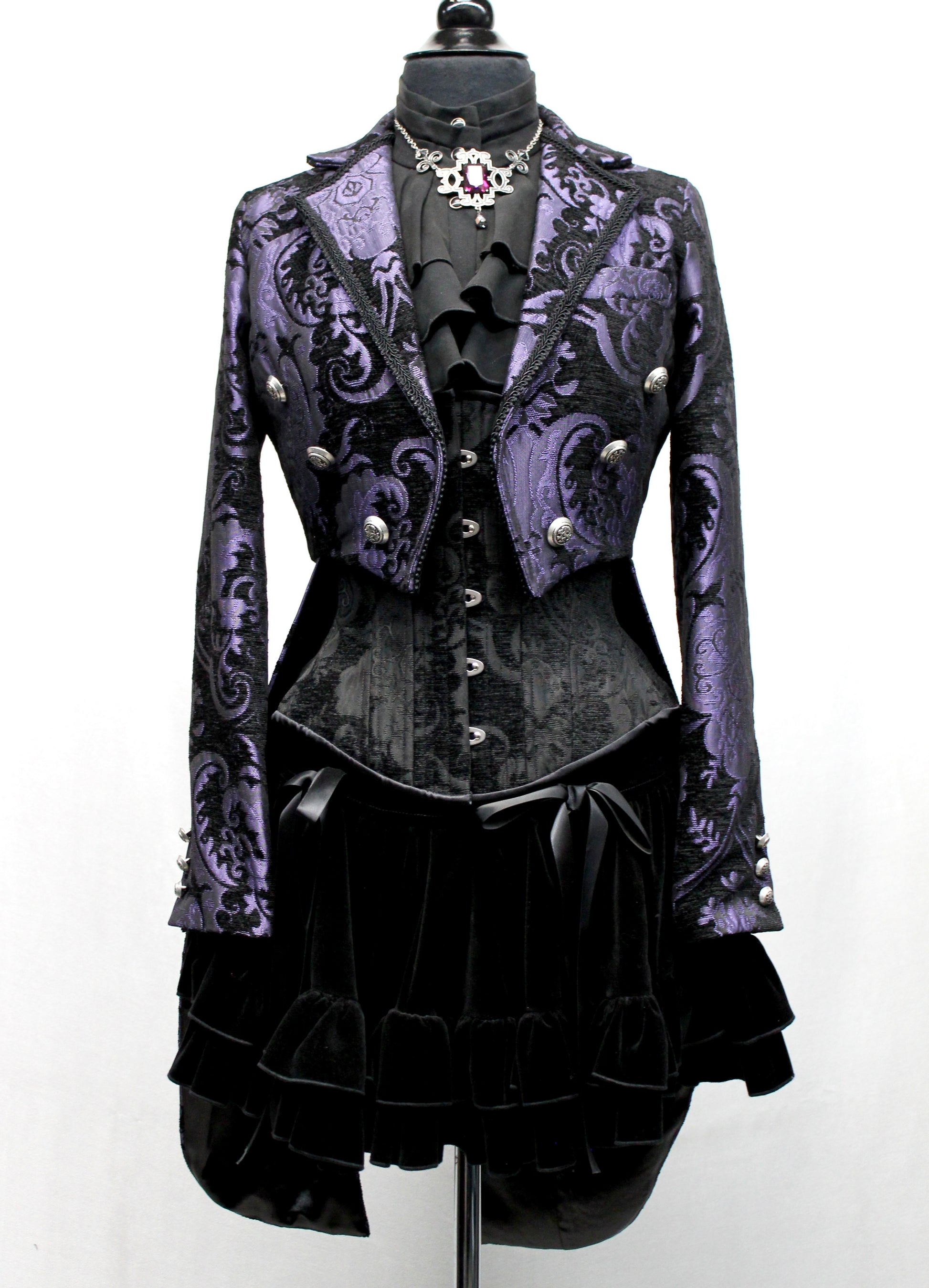 Shrine of Hollywood HARLEQUIN TAILCOAT - PURPLE/BLACK TAPESTRY Women's Coats Women's Jackets