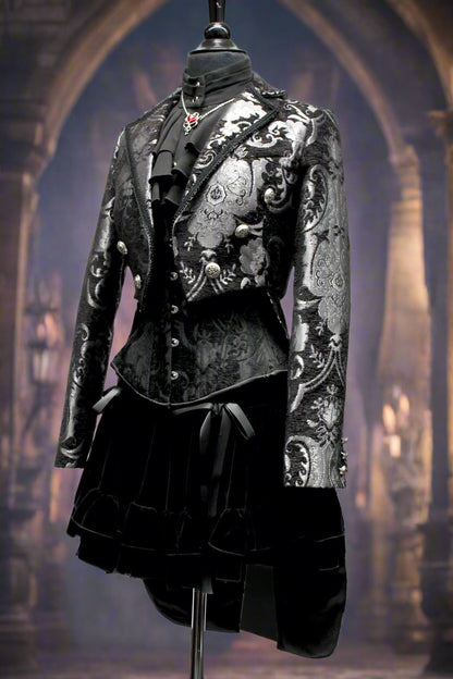 Shrine of Hollywood HARLEQUIN TAILCOAT - SILVER/BLACK TAPESTRY Women's Coats Women's Jackets