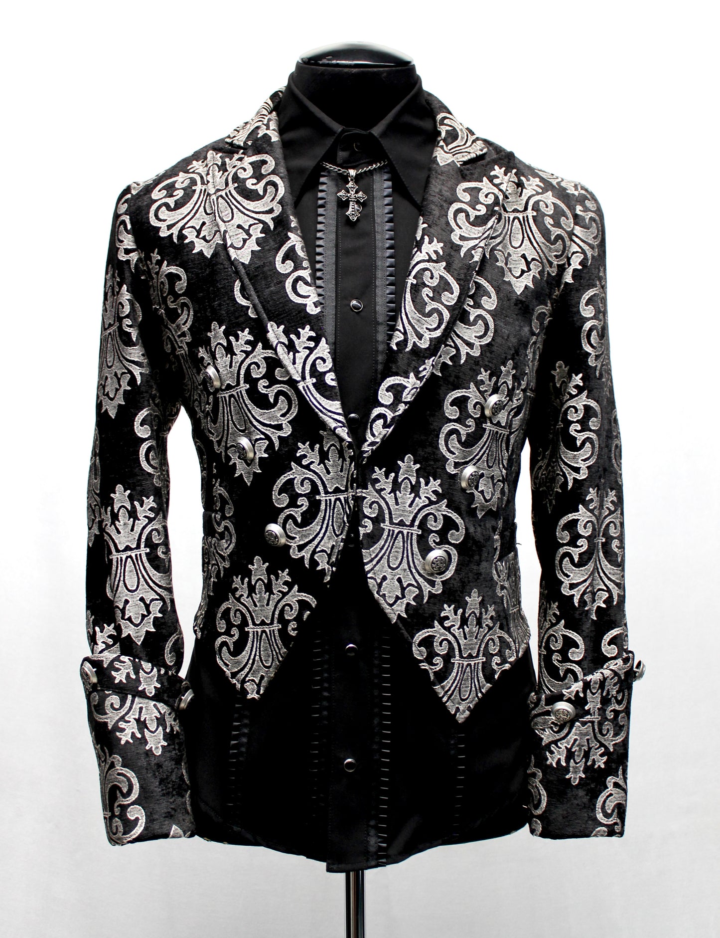 Shrine of Hollywood IMPERIAL JACKET - SILVER ON BLACK BROCADE brocade formal goth gothic jacket long sleeve Men's Jackets new tapestry vampire victorian