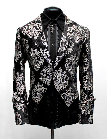 Shrine of Hollywood IMPERIAL JACKET - SILVER ON BLACK BROCADE brocade formal goth gothic jacket long sleeve Men's Jackets new tapestry vampire victorian