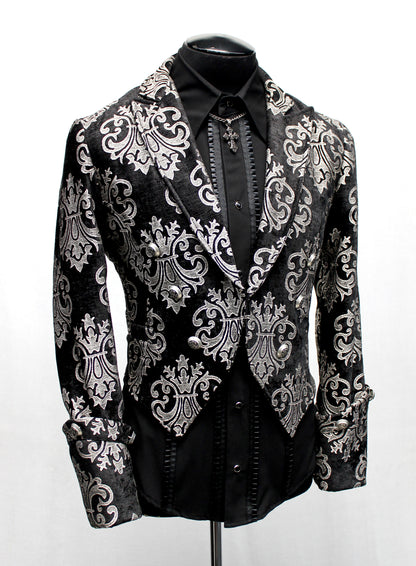 Shrine of Hollywood IMPERIAL JACKET - SILVER ON BLACK BROCADE brocade formal goth gothic jacket long sleeve Men's Jackets new tapestry vampire victorian