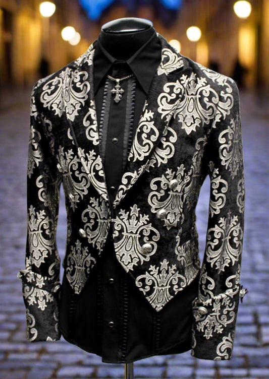 Shrine of Hollywood IMPERIAL JACKET - SILVER ON BLACK BROCADE brocade formal goth gothic jacket long sleeve Men's Jackets new tapestry vampire victorian