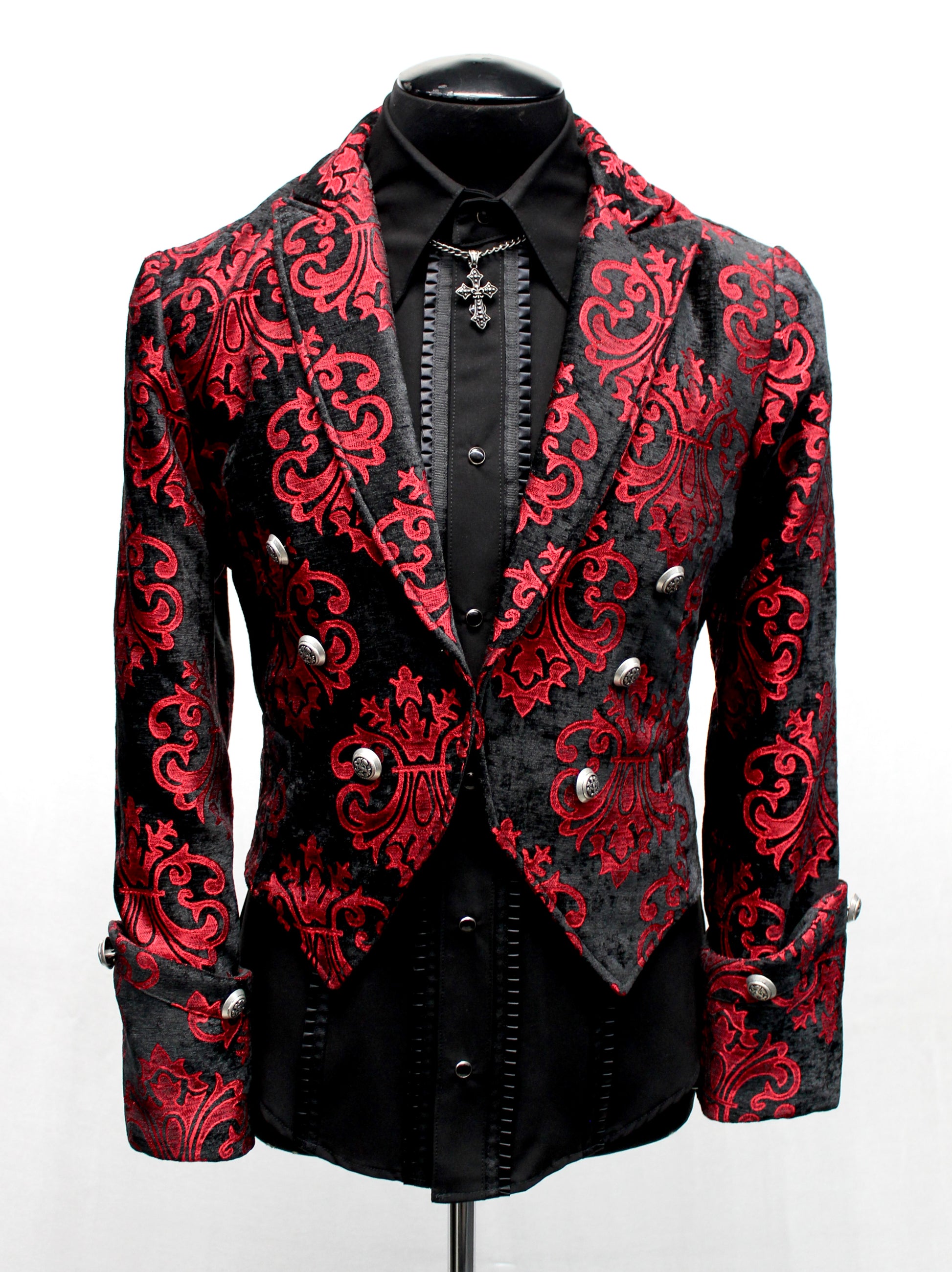 Shrine of Hollywood IMPERIAL JACKET - RED ON BLACK VELVET BROCADE brocade formal goth gothic jacket long sleeve Men's Jackets new tapestry vampire victorian