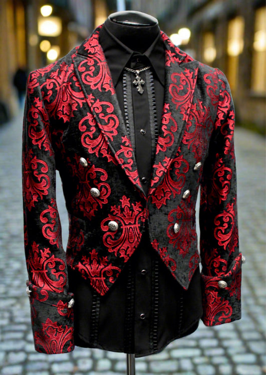 Shrine of Hollywood IMPERIAL JACKET - RED ON BLACK VELVET BROCADE brocade formal goth gothic jacket long sleeve Men's Jackets new tapestry vampire victorian