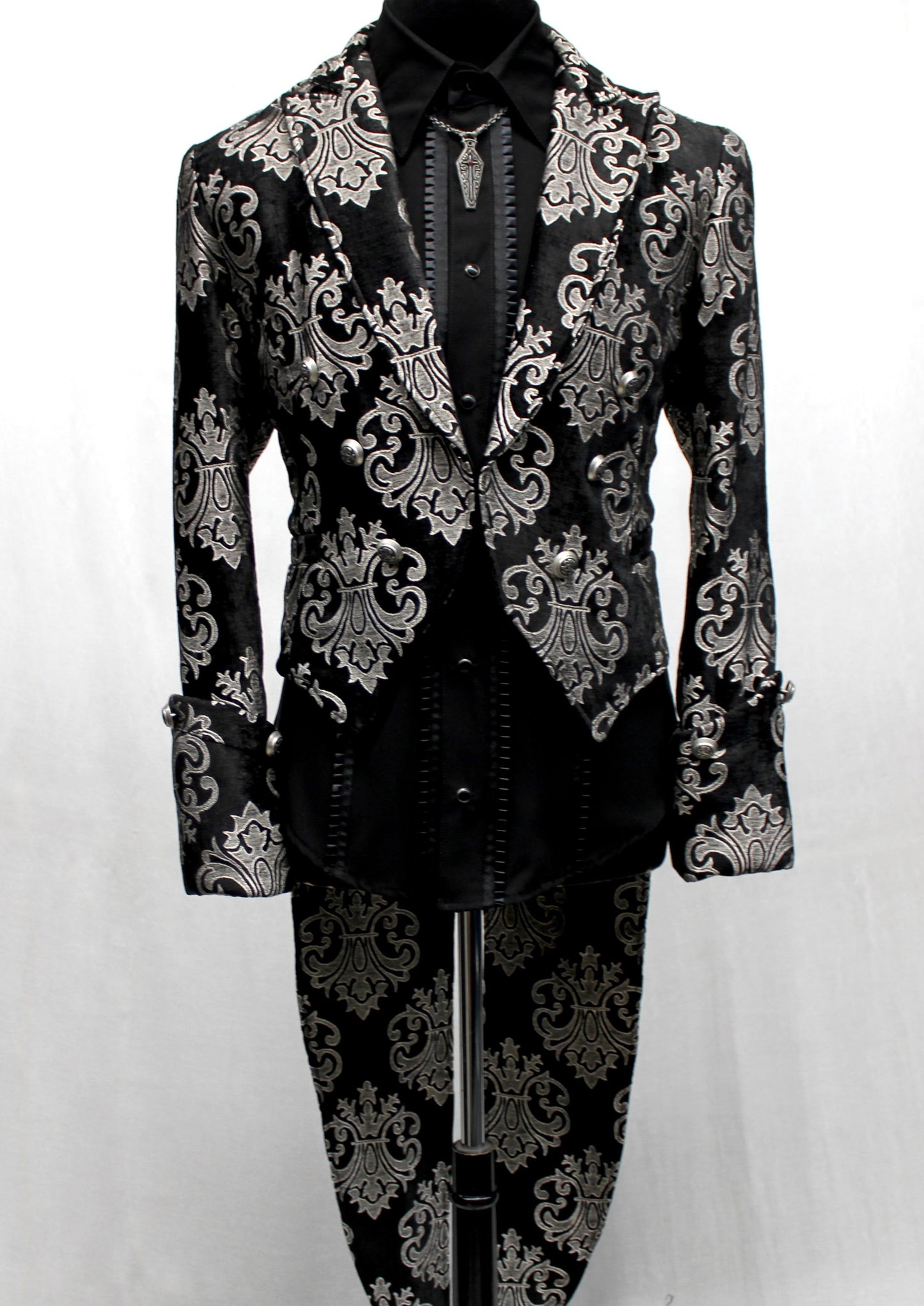 Shrine of Hollywood IMPERIAL TAILCOAT - SILVER ON BLACK BROCADE Men's Coats