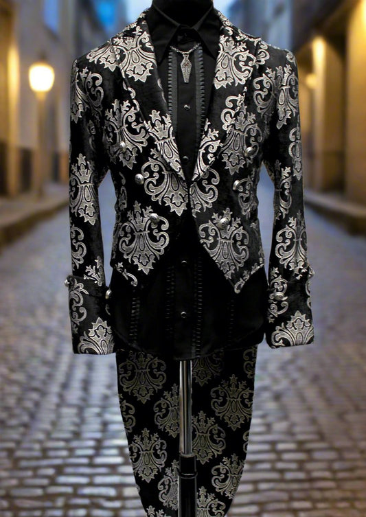 Shrine of Hollywood IMPERIAL TAILCOAT - SILVER ON BLACK BROCADE Men's Coats