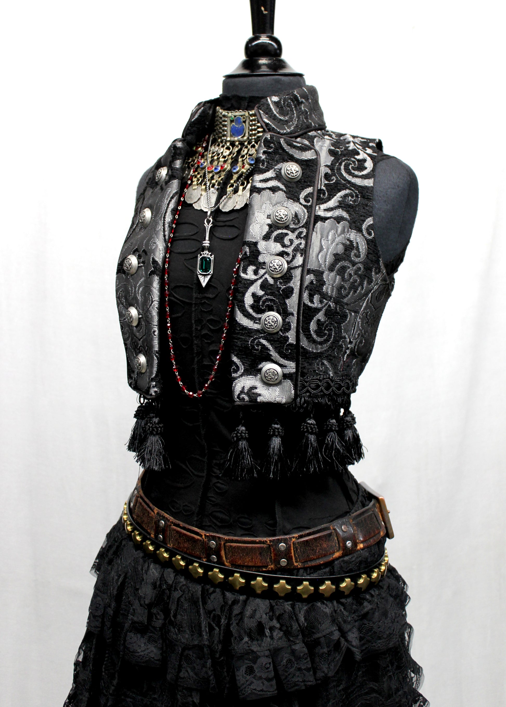 Shrine of Hollywood TOREADOR VEST - SILVER/BLACK TAPESTRY bellydancer vest burlesque vest Women's corset tops