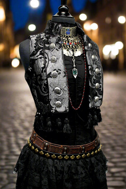 Shrine of Hollywood TOREADOR VEST - SILVER/BLACK TAPESTRY bellydancer vest burlesque vest Women's corset tops