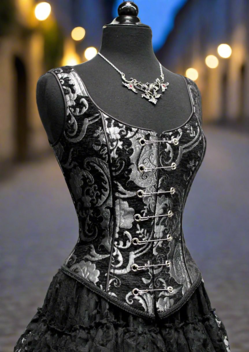 Shrine of Hollywood PIN BODICE - SILVER/BLACK TAPESTRY Women's corset tops