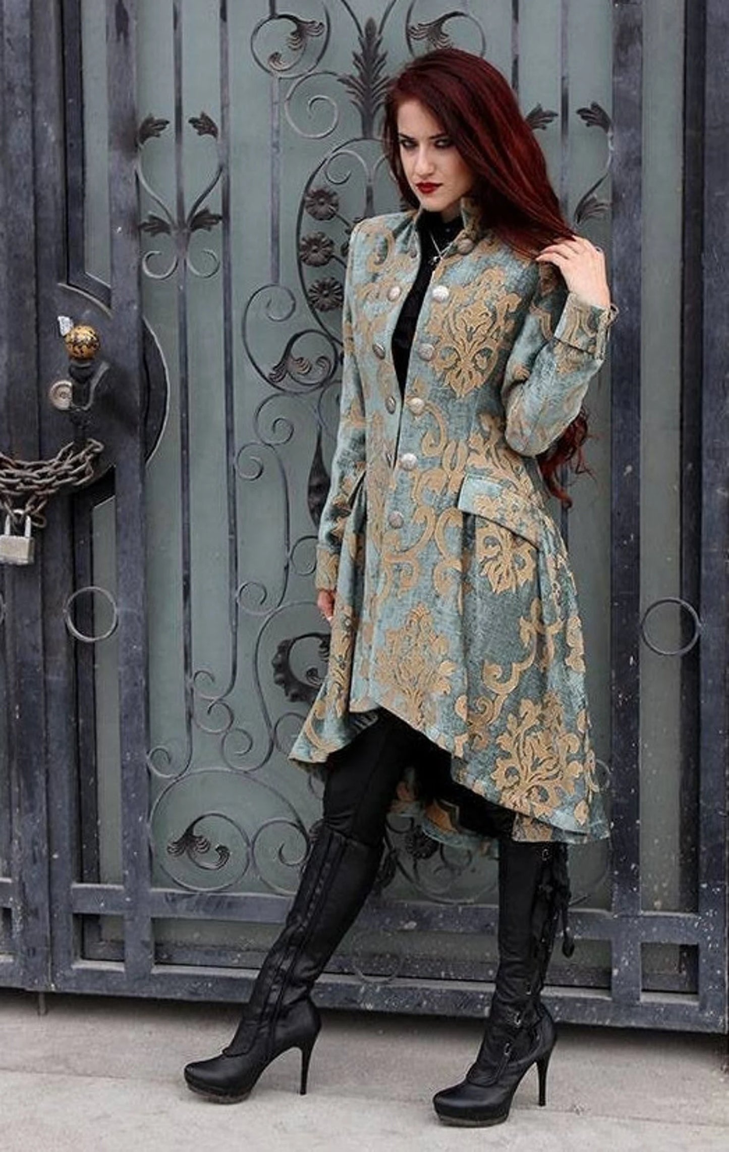 Shrine of Hollywood LIONHEART COAT - GOLD ON GREEN VELVET BROCADE - size Small - only size left! Women's Coats