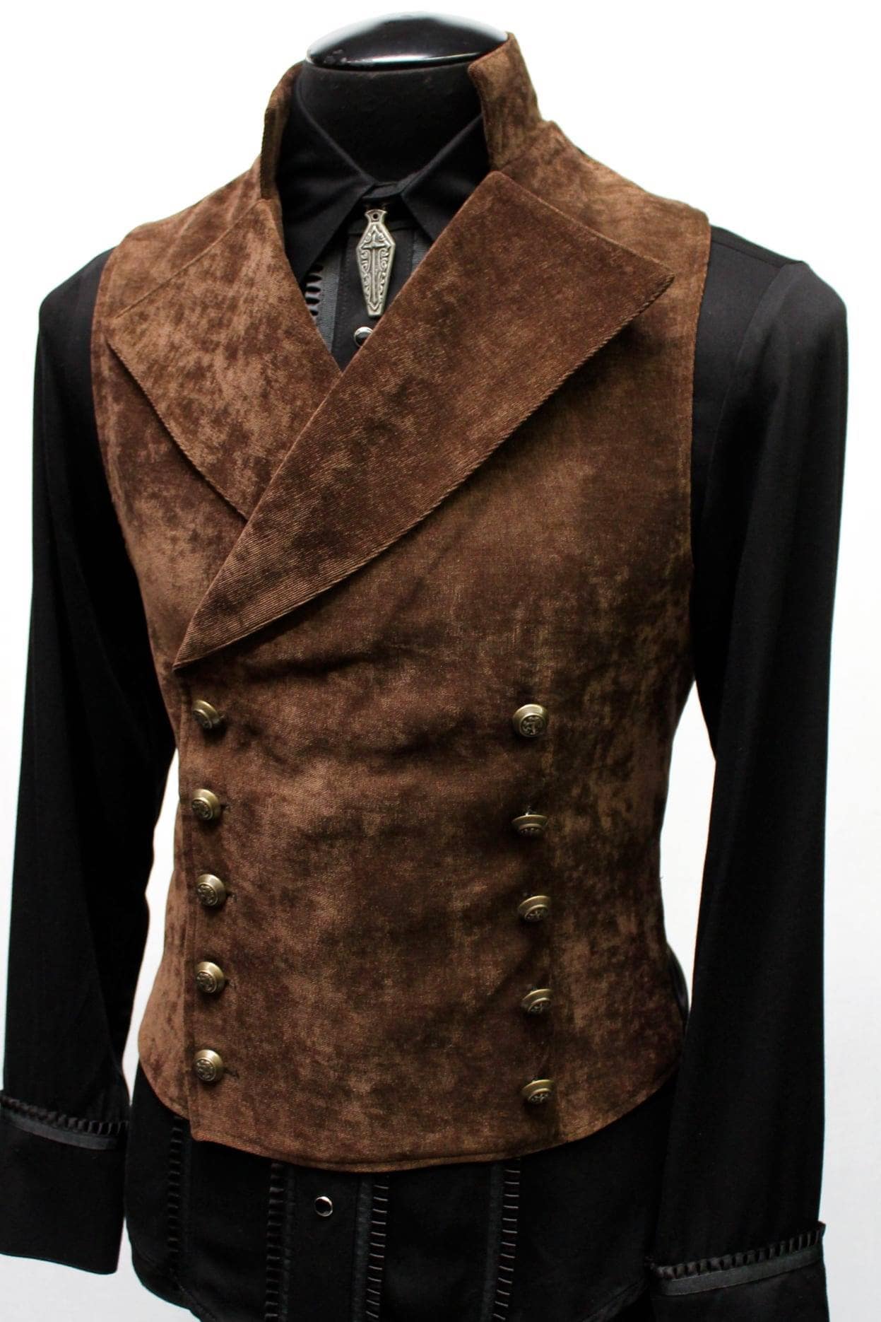 Shrine of Hollywood CAVALIER VEST - VELVET - BROWN brown cavalier double breasted medieval Men's Vests steampunk velvet vest victorian