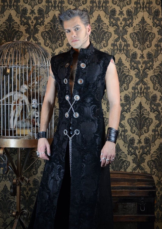 HELLRAISER W/ CHAIN - BLACK TAPESTRY Shrine of Hollywood vest black floor length goth gothic hellraiser long Men's Coats sleeveless underground vampire