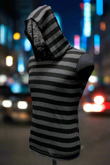 MEN'S SLEEVELESS HOODIE T-SHIRT - PUNK BLACK/GREY STRIPE