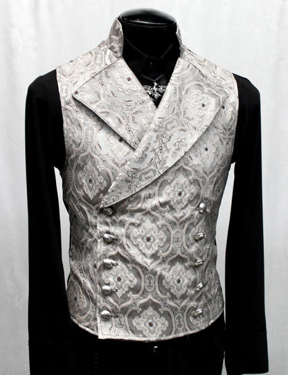 Shrine of Hollywood CAVALIER VEST - Silver Edwardian Brocade cavalier double breasted formal Men's Vests silver victorian wedding