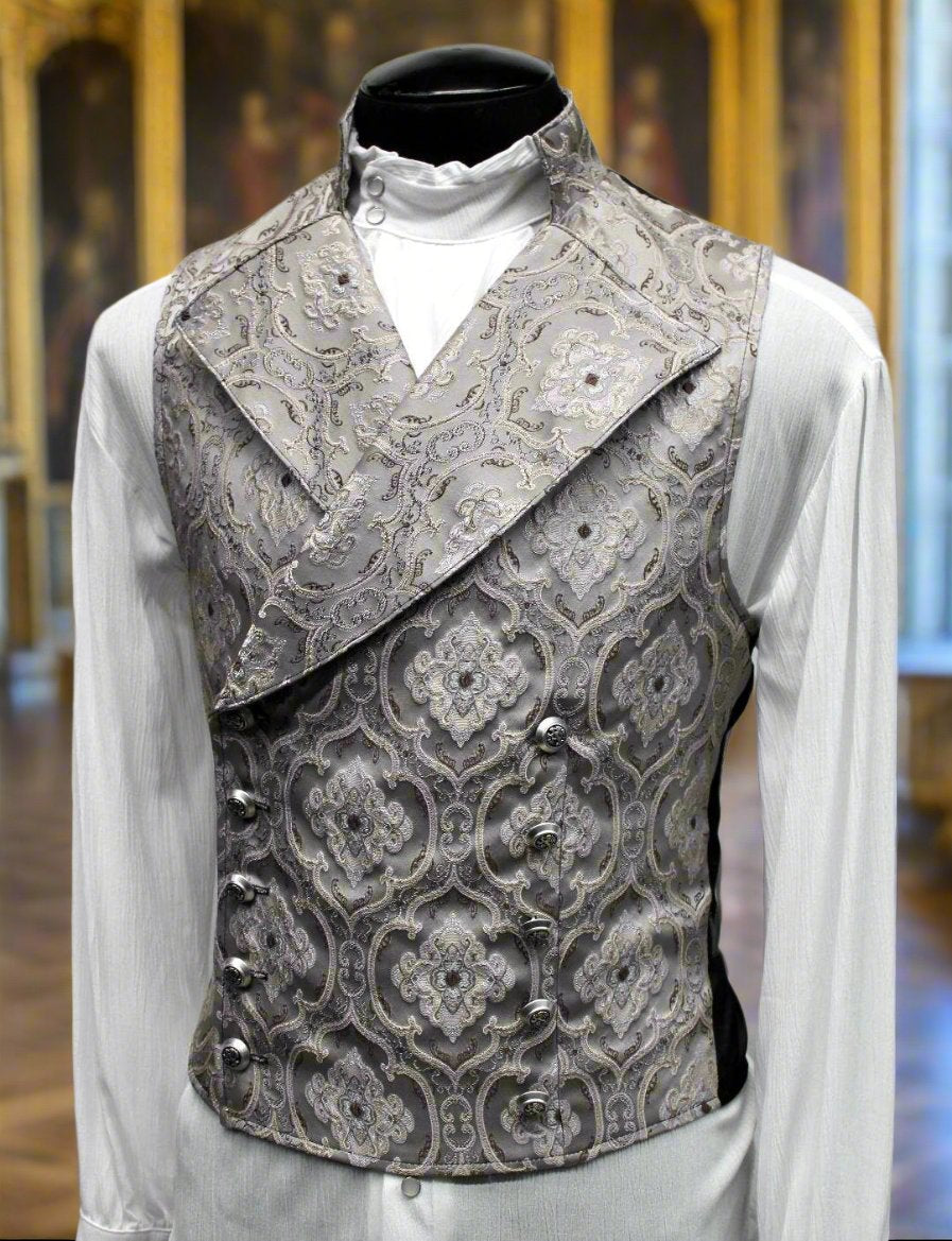 Shrine of Hollywood CAVALIER VEST - Silver Edwardian Brocade cavalier double breasted formal Men's Vests silver victorian wedding