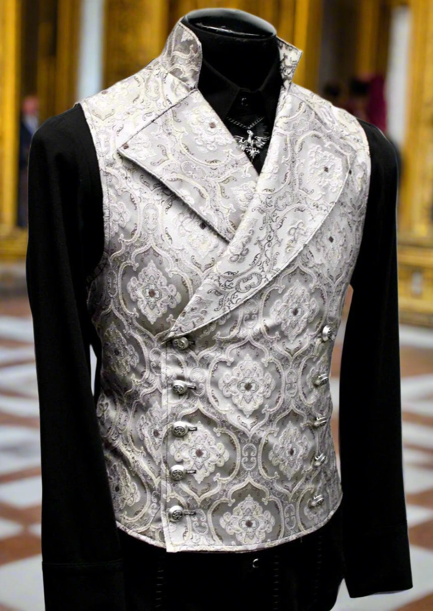 Shrine of Hollywood CAVALIER VEST - Silver Edwardian Brocade cavalier double breasted formal Men's Vests silver victorian wedding