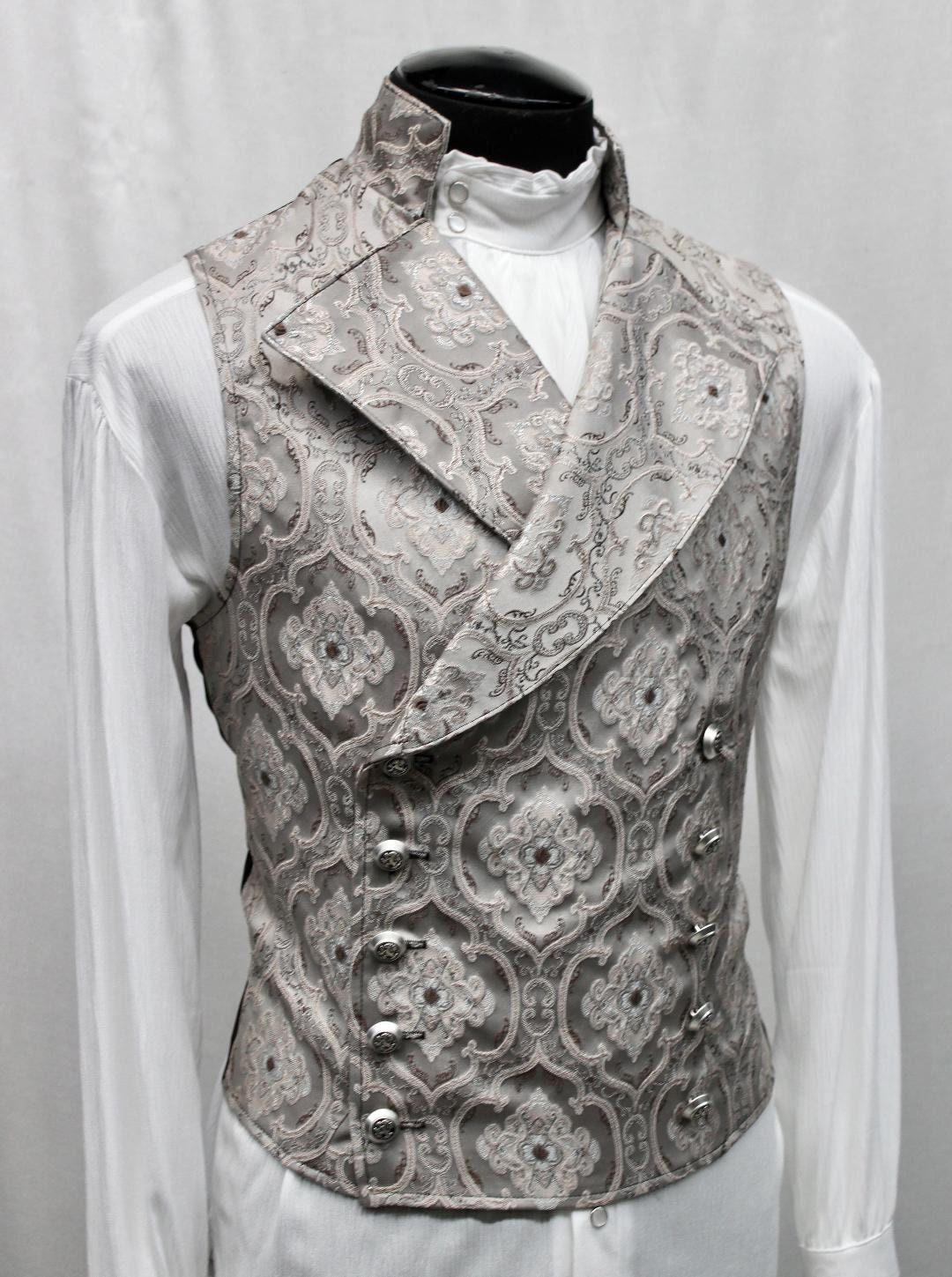 Shrine of Hollywood CAVALIER VEST - Silver Edwardian Brocade cavalier double breasted formal Men's Vests silver victorian wedding