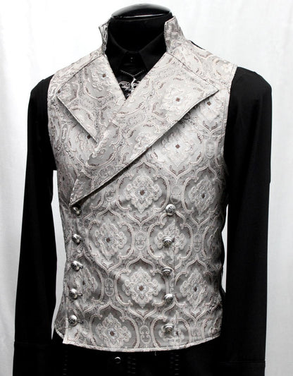 Shrine of Hollywood CAVALIER VEST - Silver Edwardian Brocade cavalier double breasted formal Men's Vests silver victorian wedding