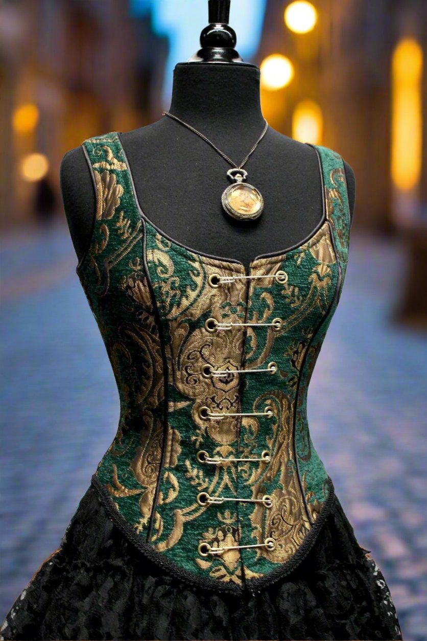 Shrine of Hollywood PIN BODICE - Green/Gold Tapestry corset Women's corset tops Women's Corsets