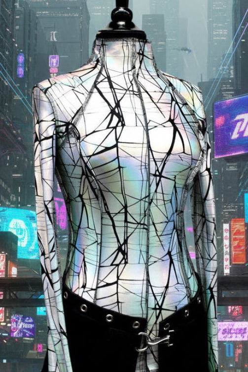 FUTURE SHOCK TOP - LONG SLEEVE - CRACKED HOLOGRAM FABRIC - WHITE