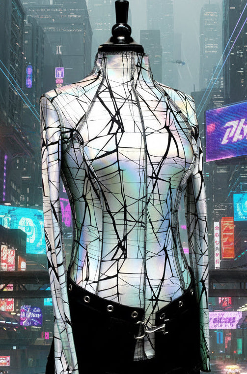 FUTURE SHOCK TOP Long Sleeve - Cracked Hologram Fabric - White Shrine of Hollywood top club cyber hologram industrial iridescent long sleeve metallic new rave shirt silver underground white Women's Tops