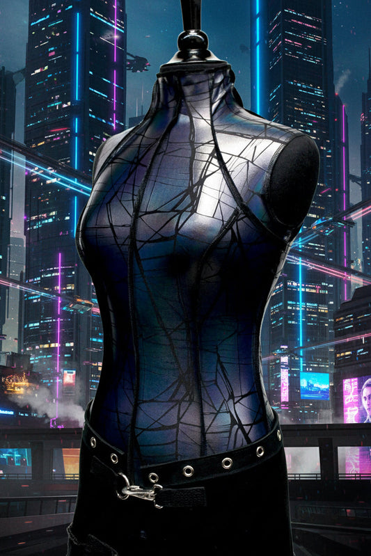 FUTURE SHOCK TOP sleeveless - Cracked Hologram Fabric - Black Shrine of Hollywood top cyber future hologram iridescent metallic new rave shirt sleeveless underground Women's Tops