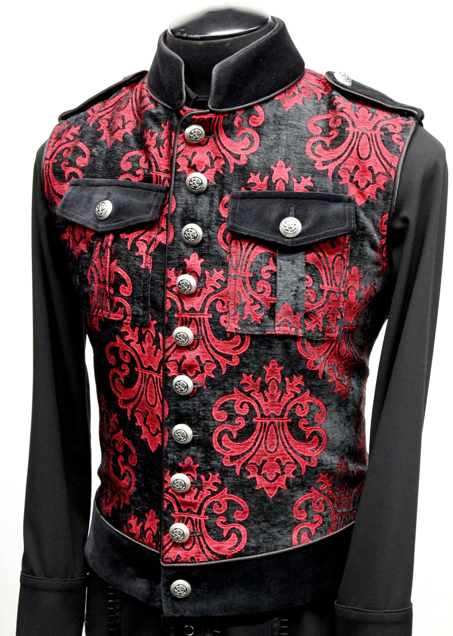 Shrine of Hollywood ROYAL MARINE VEST -Red On Black Velvet Brocade army goth gothic Men's Vests military punk sleeveless steampunk underground vest victorian