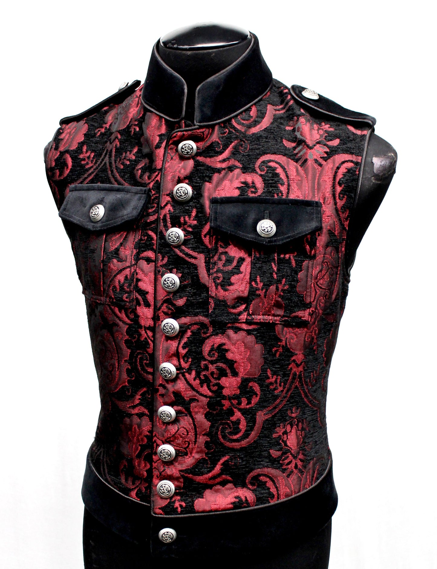 Shrine of Hollywood ROYAL MARINE VEST -Red/Black Tapestry army goth gothic Men's Vests military punk sleeveless steampunk underground vest victorian