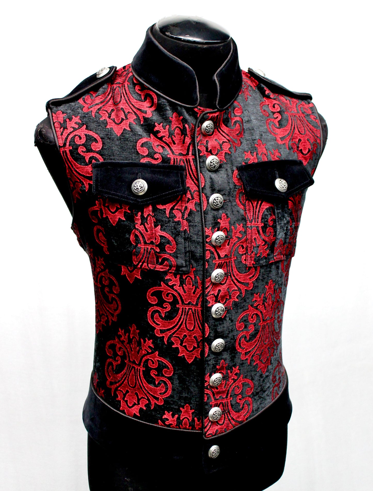 Shrine of Hollywood ROYAL MARINE VEST -Red On Black Velvet Brocade army goth gothic Men's Vests military punk sleeveless steampunk underground vest victorian