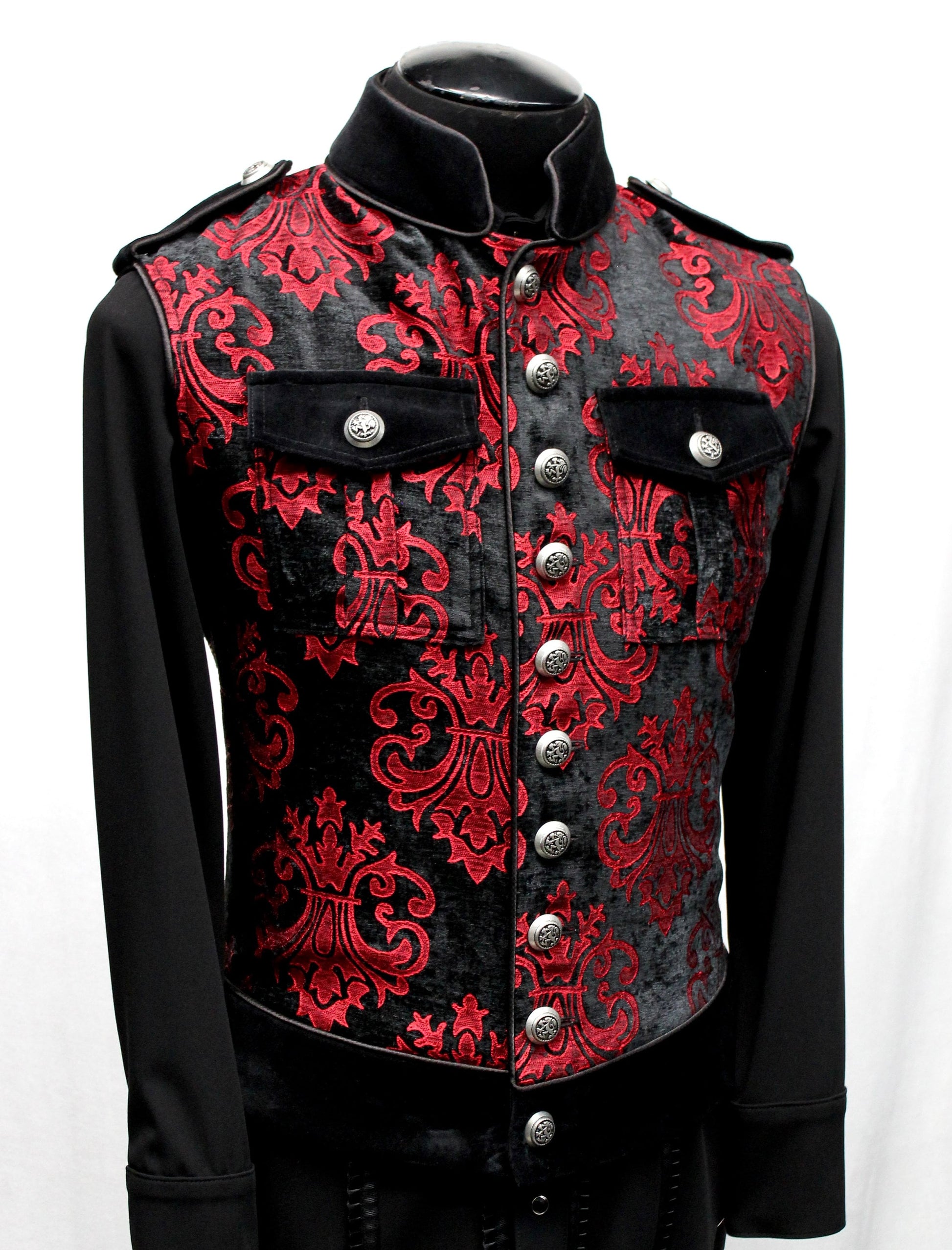 Shrine of Hollywood ROYAL MARINE VEST -Red On Black Velvet Brocade army goth gothic Men's Vests military punk sleeveless steampunk underground vest victorian