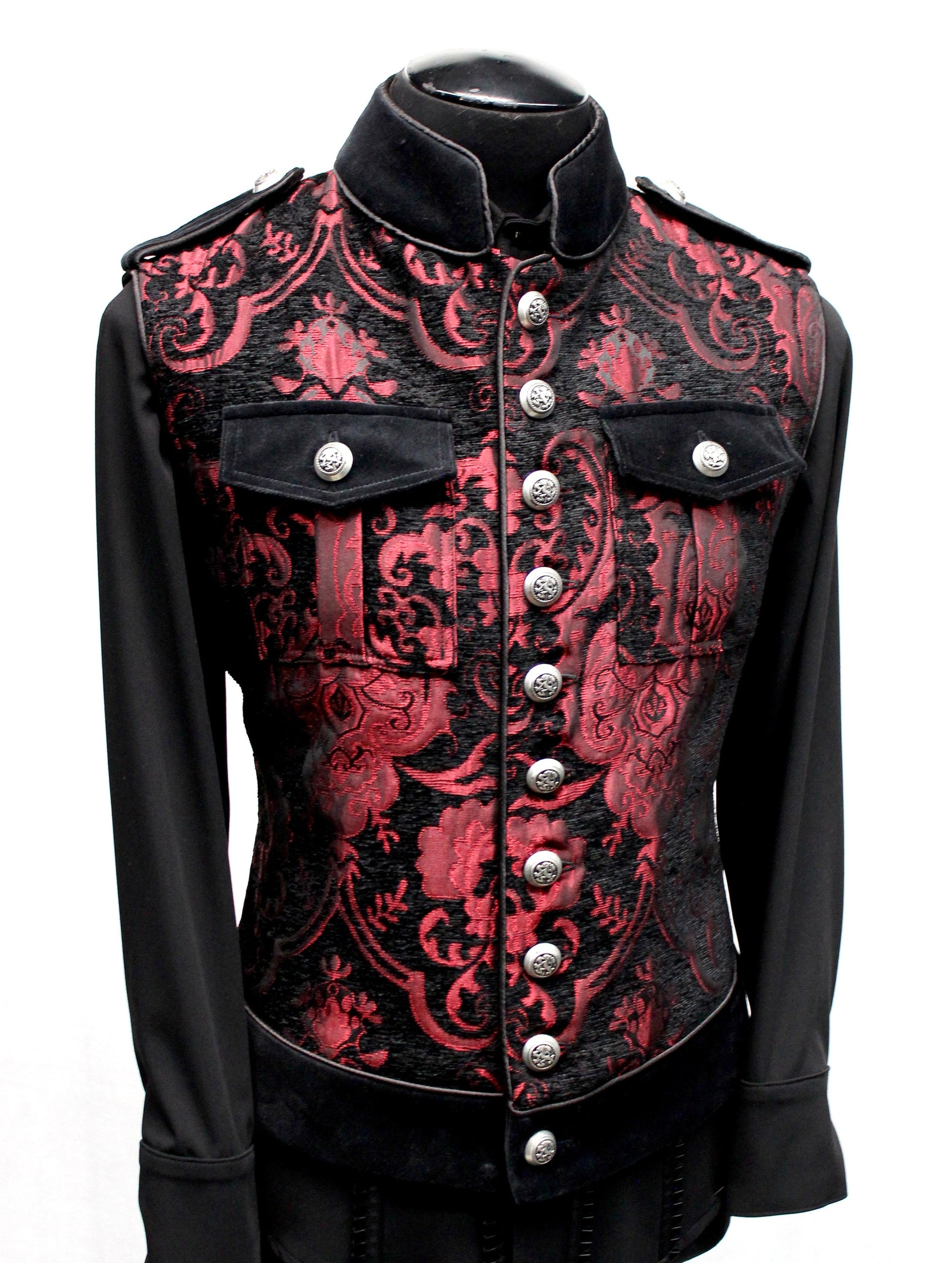 Shrine of Hollywood ROYAL MARINE VEST -Red/Black Tapestry army goth gothic Men's Vests military punk sleeveless steampunk underground vest victorian