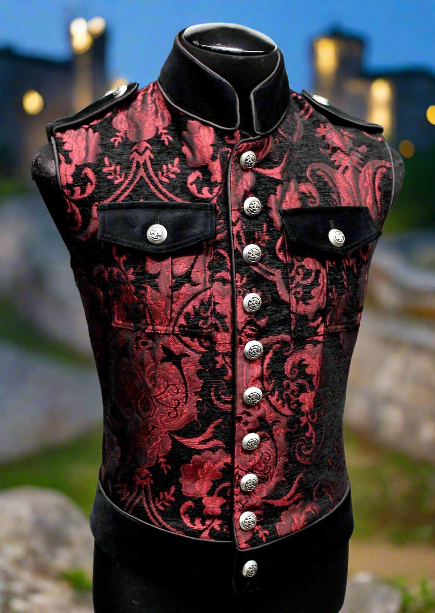 Shrine of Hollywood ROYAL MARINE VEST -Red/Black Tapestry army goth gothic Men's Vests military punk sleeveless steampunk underground vest victorian