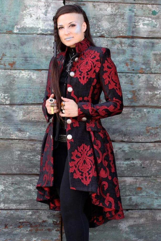 LIONHEART COAT - RED ON BLACK VELVET BROCADE