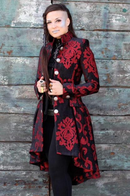 Shrine of Hollywood LIONHEART COAT - RED ON BLACK VELVET BROCADE Women's Coats