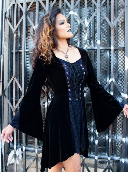 Shrine of Hollywood DRAGONLADY DRESS - BLACK w/ BLUE VELVET Dresses