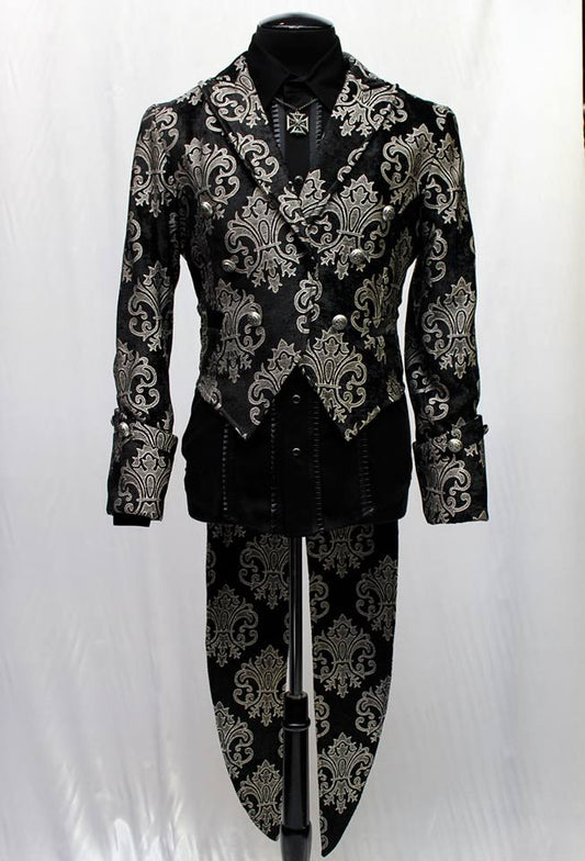 IMPERIAL TAILCOAT - SILVER ON BLACK BROCADE by Shrine of Hollywood