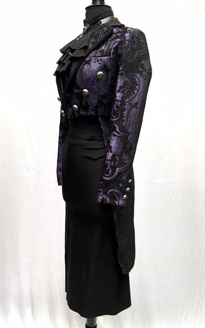 Shrine of Hollywood HARLEQUIN TAILCOAT - PURPLE/BLACK TAPESTRY Women's Coats Women's Jackets